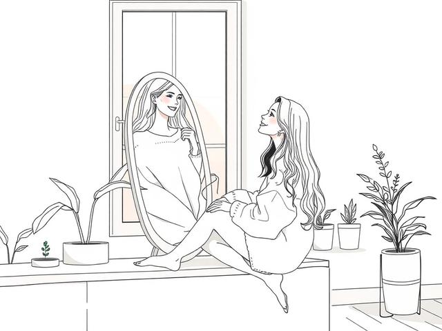 **Prompt for AI Image Generation**: 

Create a high-quality illustration showcasing a serene moment of self-love. The subject should be a young woman sitting gracefully on the edge of a minimalist, sunlit room, with soft natural light streaming in through a large window. The woman is looking at her reflection in a mirror with a warm and content smile, conveying a sense of inner peace and acceptance. She has long, flowing hair and is wearing a cozy, oversized sweater that adds to the comforting atmosphere. 
