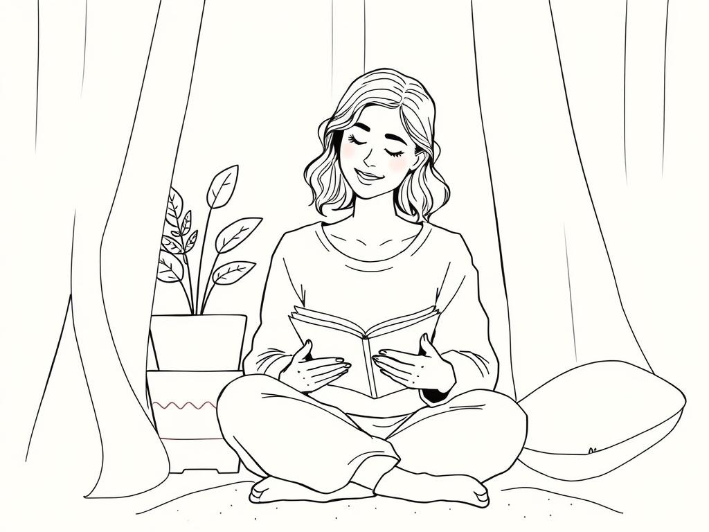 **Prompt for AI Image Generator:**

Create a high-quality illustration that embodies the theme "Small ways to love yourself today." Focus on one central subject: a serene woman sitting in a cozy, sunlit space. She should have a warm and relaxed expression, symbolizing self-love and tranquility. The woman should be depicted engaged in a nurturing activity, such as reading a book, sipping tea, or journaling, which subtly conveys the message of self-care.

The composition should be simple and clear, with the w