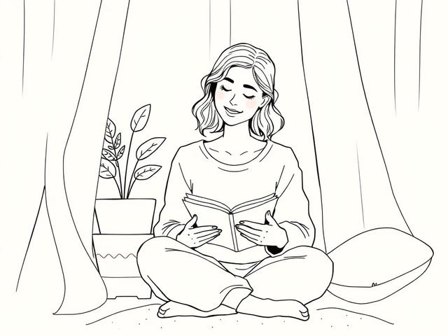 **Prompt for AI Image Generator:**

Create a high-quality illustration that embodies the theme "Small ways to love yourself today." Focus on one central subject: a serene woman sitting in a cozy, sunlit space. She should have a warm and relaxed expression, symbolizing self-love and tranquility. The woman should be depicted engaged in a nurturing activity, such as reading a book, sipping tea, or journaling, which subtly conveys the message of self-care.

The composition should be simple and clear, with the w