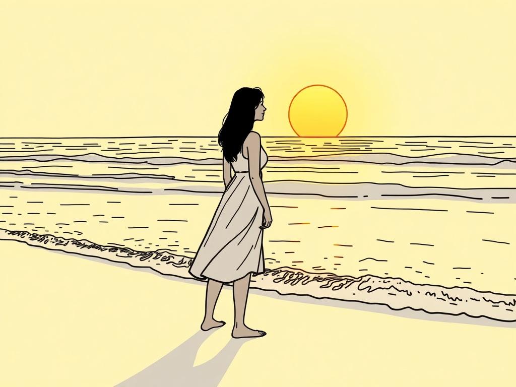 A serene beach scene with gentle waves lapping the shore. The sun is setting in the background, casting warm golden hues across the sky. A single silhouette of a woman stands at the water's edge, gazing thoughtfully into the horizon. The composition is simple and peaceful, capturing the essence of relaxation and contemplation. The setting should reflect a tranquil atmosphere, inviting viewers to be inspired by the beauty of nature.