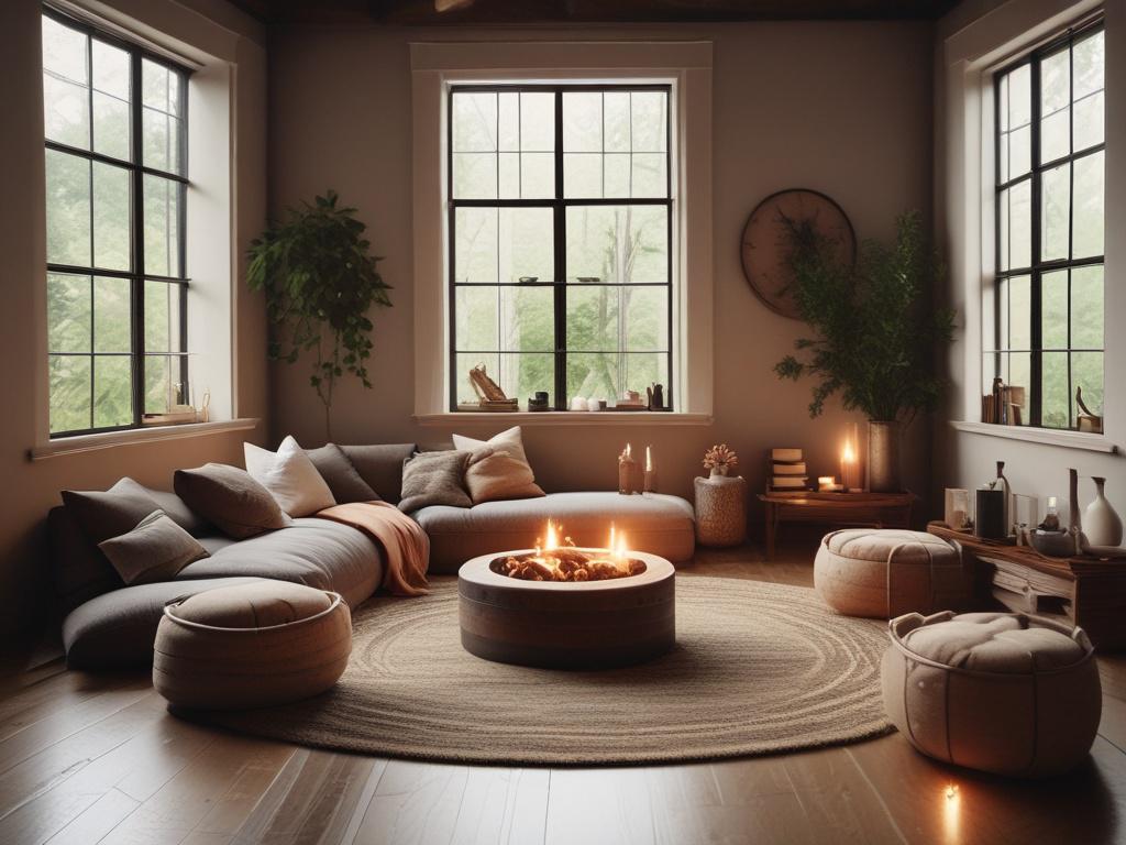 A serene and inviting setting for a spiritual workshop. The image should feature a cozy, rustic room with warm, earthy tones. In the center, place a circle of comfortable cushions arranged on a wooden floor, surrounded by soft candles providing gentle light. A vase of fresh wildflowers sits nearby, adding a touch of nature. The background should include shelves filled with books on spirituality and wellness, and a large window revealing a glimpse of a peaceful outdoor garden. The overall atmosphere should e