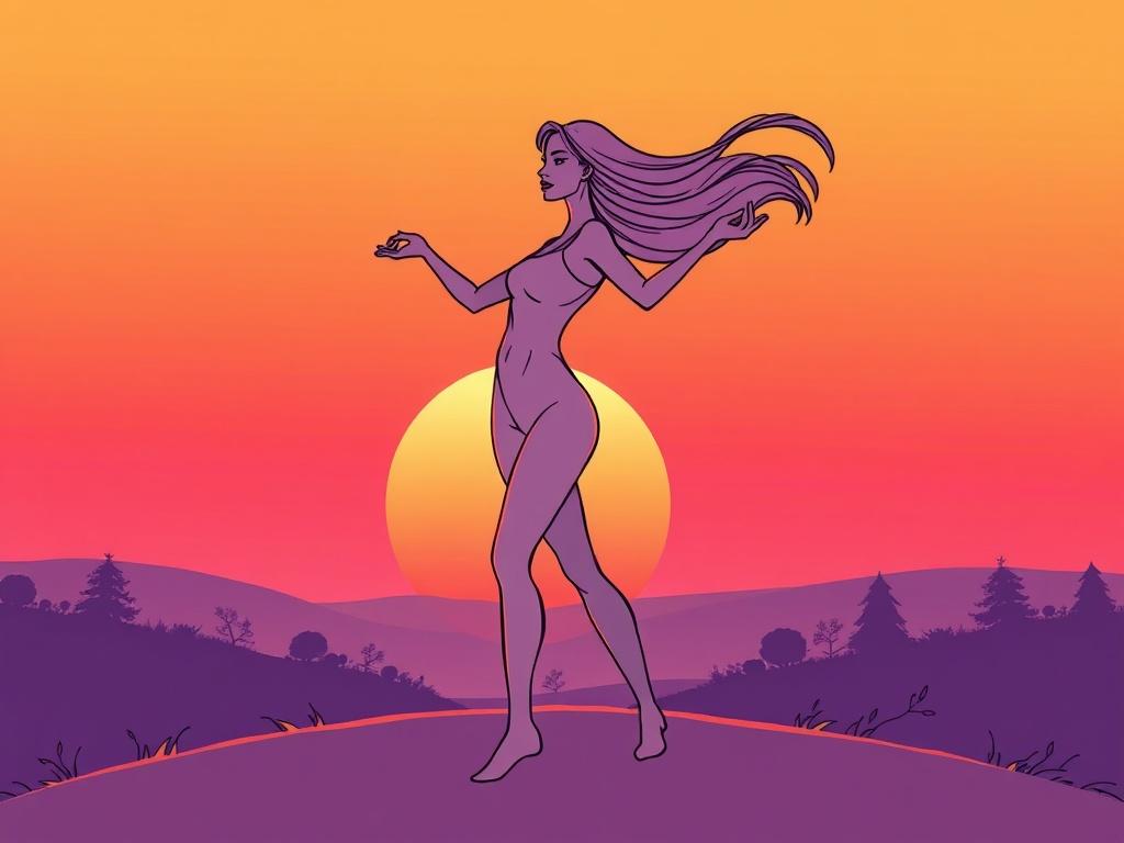 **AI Image Generation Prompt:**

Create a high-quality illustration featuring a single subject—a confident woman with flowing hair that catches the warm hues of a sunset. She stands on a gentle hilltop, silhouetted against the backdrop of an expansive sky painted in vibrant shades of orange, pink, and soft purple as the sun dips below the horizon. 

Her posture is open and empowering, with her arms slightly lifted as if embracing the beauty of the moment. The composition should focus on her figure, emphasiz