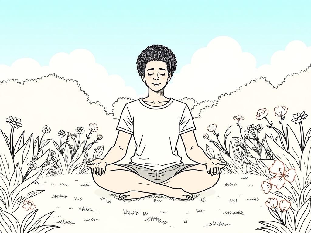 **AI Image Generation Prompt:**

Create a high-quality illustration that embodies the theme of "Mindfulness and Eating Disorders: Finding Peace in the Present Moment." 

**Composition Details:**
- Focus on a single subject: a serene, diverse individual (gender-neutral) sitting cross-legged in a tranquil outdoor setting (such as a garden or park).
- The subject should have a calm expression, with eyes gently closed, embodying a sense of peace and mindfulness.
- Position the individual in the center of the co