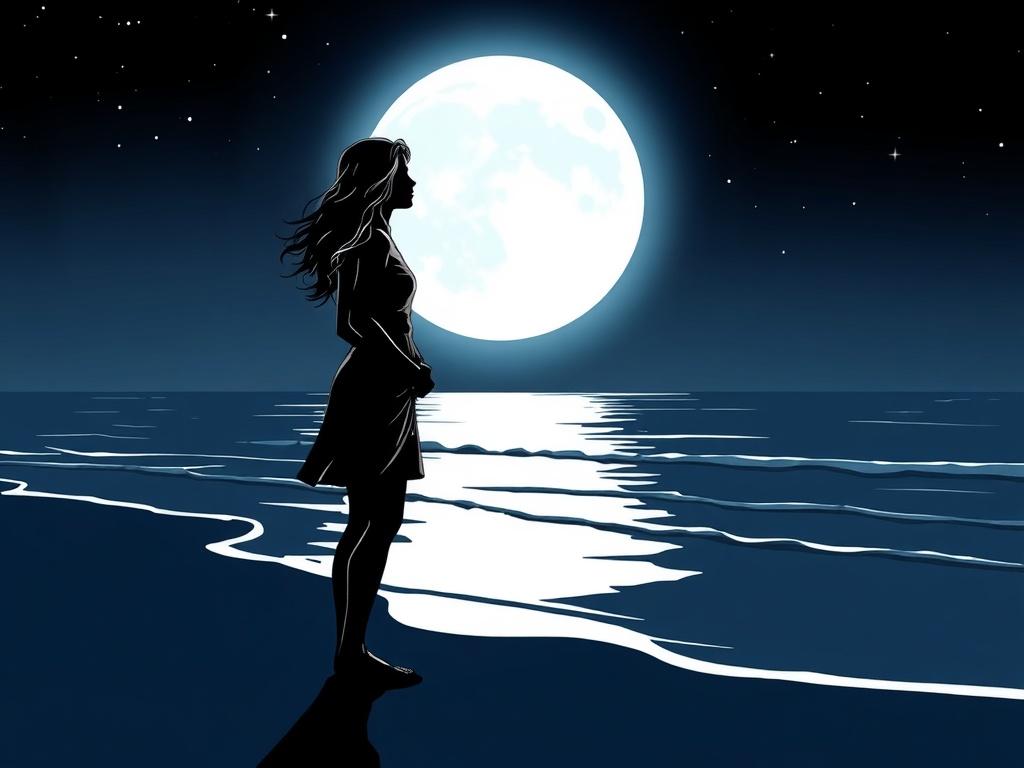 **AI Image Generation Prompt:**
Create a high-quality illustration of a serene beach at night, bathed in the soft glow of moonlight. The composition should feature a single, striking subject: a silhouette of a woman standing at the water's edge, gazing thoughtfully out at the calm ocean. She embodies grace and strength, with flowing hair gently tousled by a light breeze. The moon should be large and luminous, casting shimmering reflections on the water’s surface, while stars twinkle softly in the vast nigh