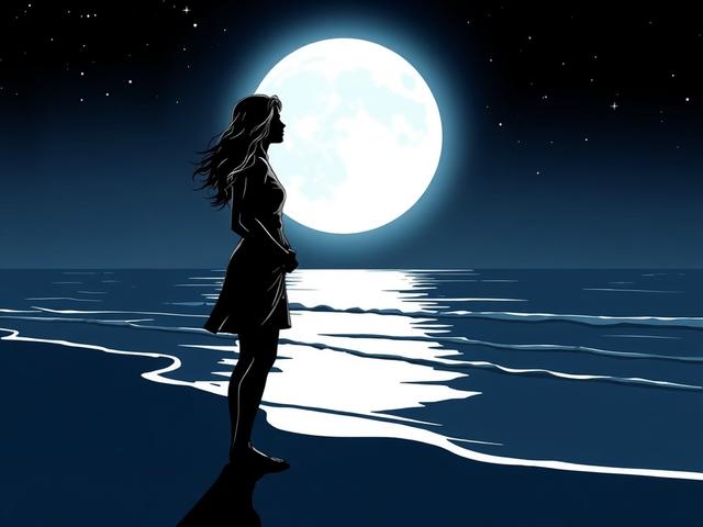 **AI Image Generation Prompt:**

Create a high-quality illustration of a serene beach at night, bathed in the soft glow of moonlight. The composition should feature a single, striking subject: a silhouette of a woman standing at the water's edge, gazing thoughtfully out at the calm ocean. She embodies grace and strength, with flowing hair gently tousled by a light breeze. The moon should be large and luminous, casting shimmering reflections on the water’s surface, while stars twinkle softly in the vast nigh