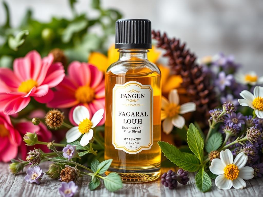 A high-resolution close-up shot of an essential oil blend bottle with an elegant design, surrounded by fresh herbs and flowers that reflect the natural ingredients inside. The background should be softly blurred to draw attention to the bottle, showcasing the vibrant colors of the oils and the freshness of the botanicals.