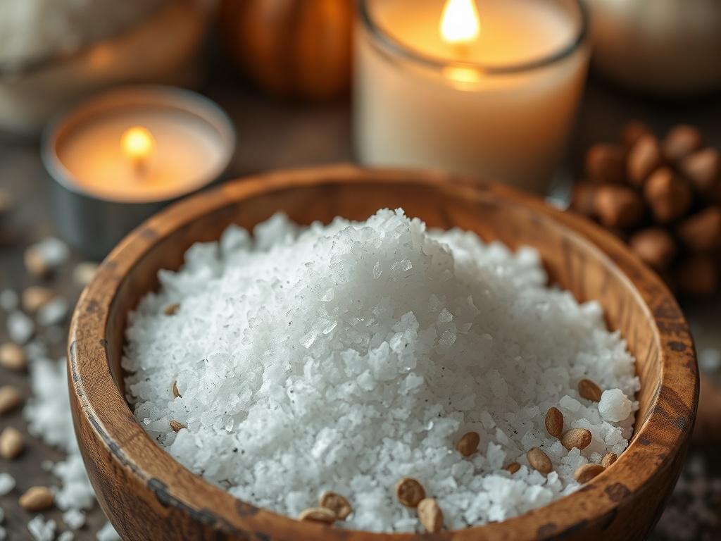 A captivating close-up image of spa-quality bath salts displayed in a rustic wooden bowl, with a few scattered grains around it. The salts should be visually appealing, showcasing their texture and color, while soft candlelight reflects off the surface, creating a warm and inviting atmosphere.