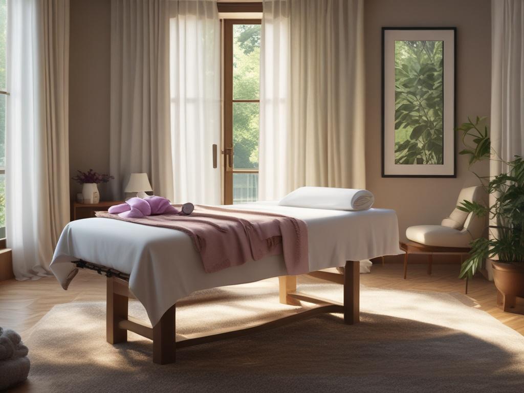 a close-up shot of a serene massage setup, featuring calming colors, soft lighting, and luxurious massage oils, focused on a single massage table with plush linens, captured with a 45mm f/1.2 lens style, emphasizing tranquility.