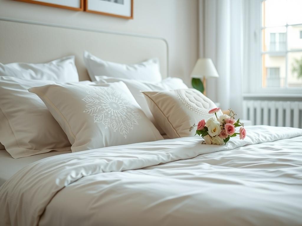 A close up shot of a beautifully arranged Airbnb bedroom,