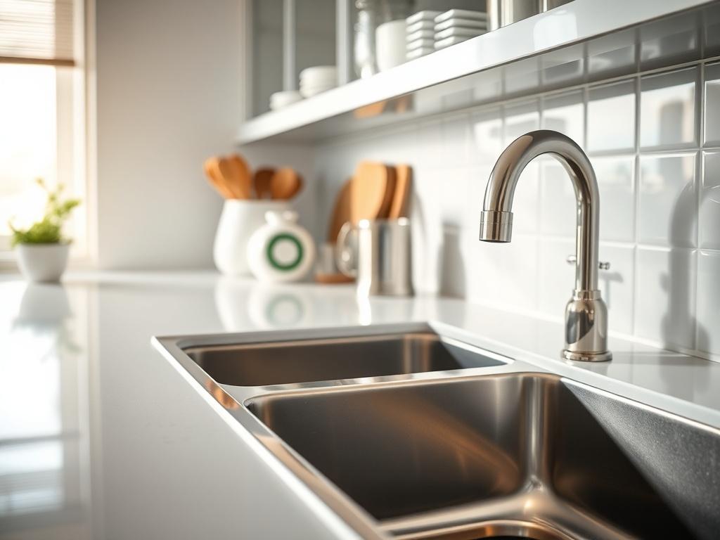 A close up shot of a sparkling clean kitchen with