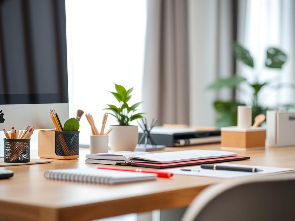 A close up shot of a clean office desk with