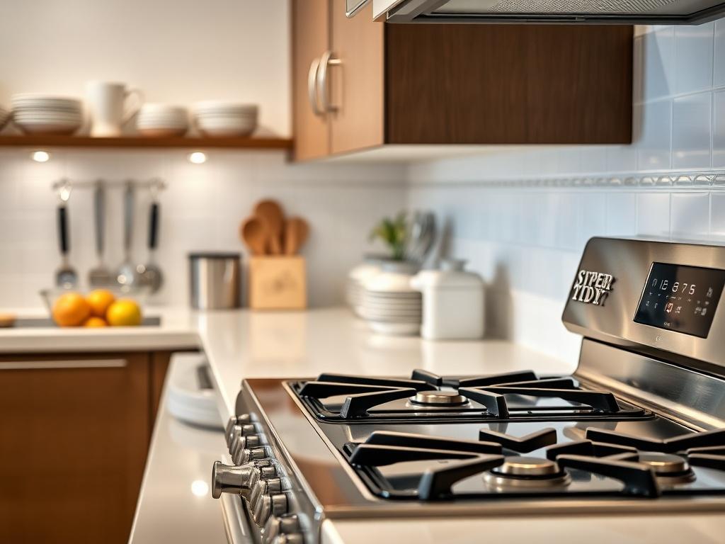 A pristine kitchen featuring gleaming countertops and a spotless stovetop