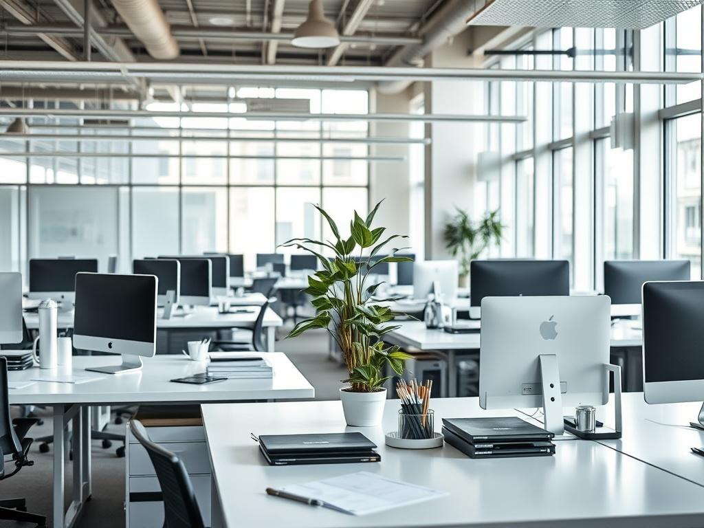 An immaculate office space with clean desks and organized workstations,