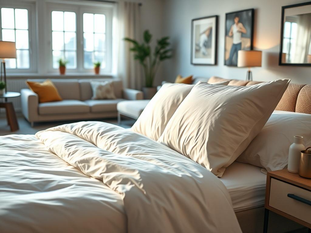 A beautifully arranged Airbnb room, showcasing a perfectly made bed