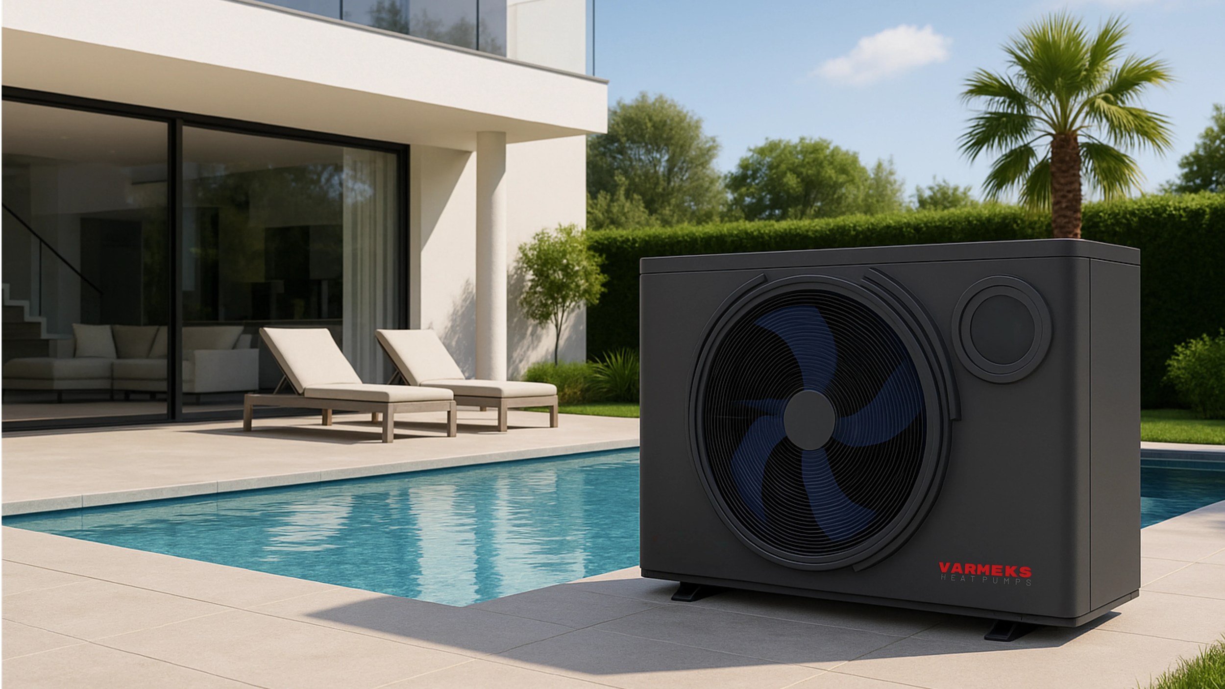 Varmeks pool heat pump positioned next to the pool of a modern villa