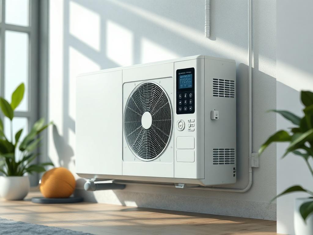 **Prompt for AI Image Generation:**

Create a highly realistic, high-resolution photograph featuring a modern, high-efficiency heat pump as the sole subject in the image. The heat pump should be positioned prominently in the center, showcasing its sleek design and advanced technology. The photograph should be taken from a close-up perspective, emphasizing the texture and details of the heat pump's surface, including any digital interfaces or control panels.

The background should be a clean, minimalistic se