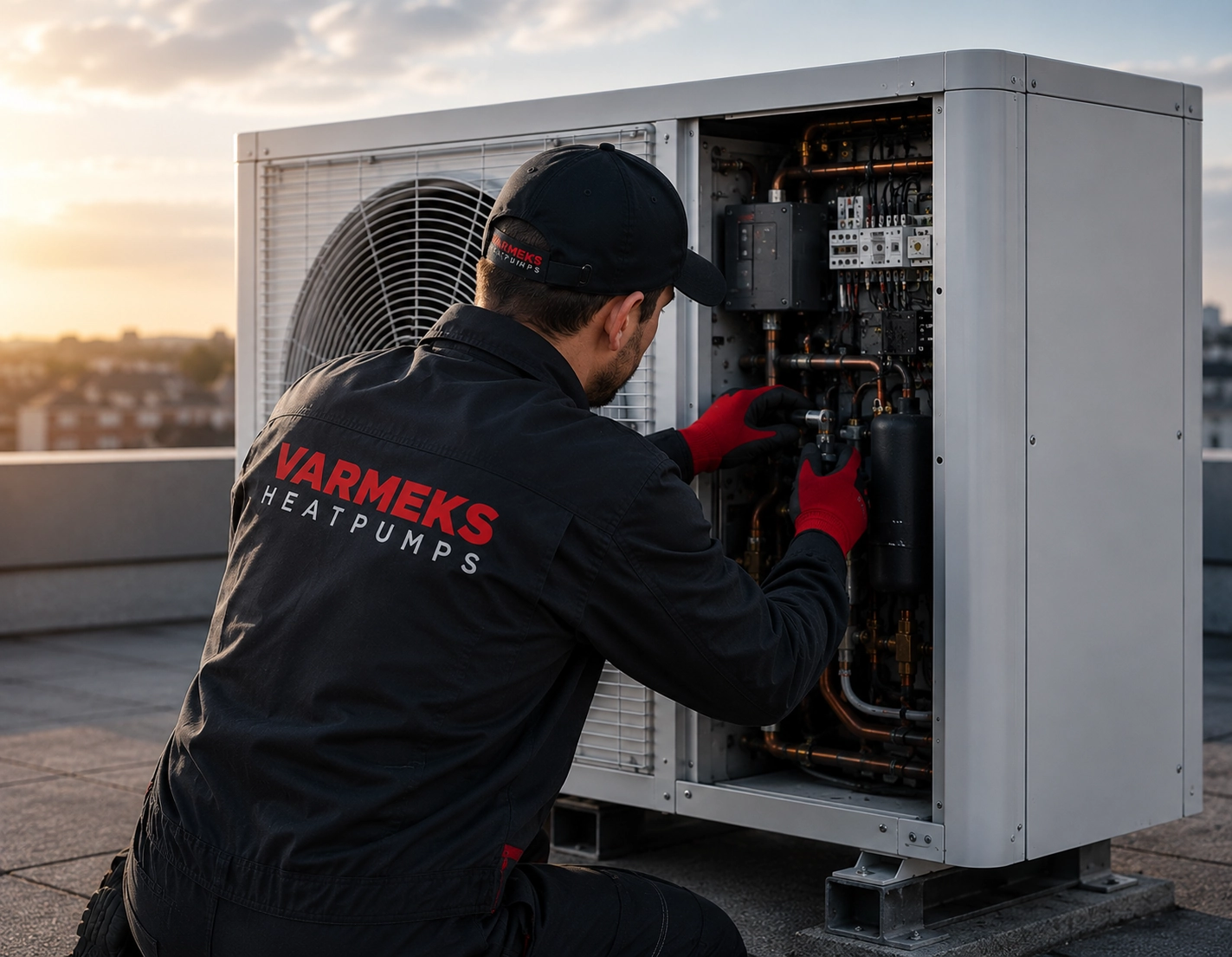 Varmeks Service Technician Performing Heat Pump Maintenance
