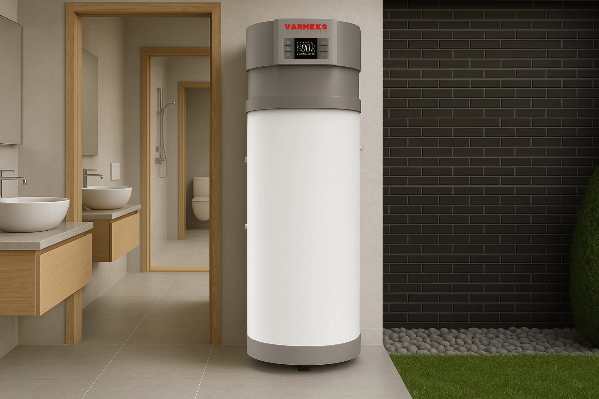 Varm All Series DHW heat pump by Varmeks in a contemporary home interior