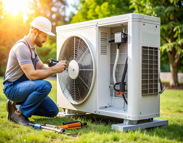 Ein realistisches Bild, auf dem ein Techniker Wartungsarbeiten an einer Außeneinheit einer Wärmepumpe durchführt – mit geöffneter Abdeckung und umgeben von Wartungswerkzeugen.