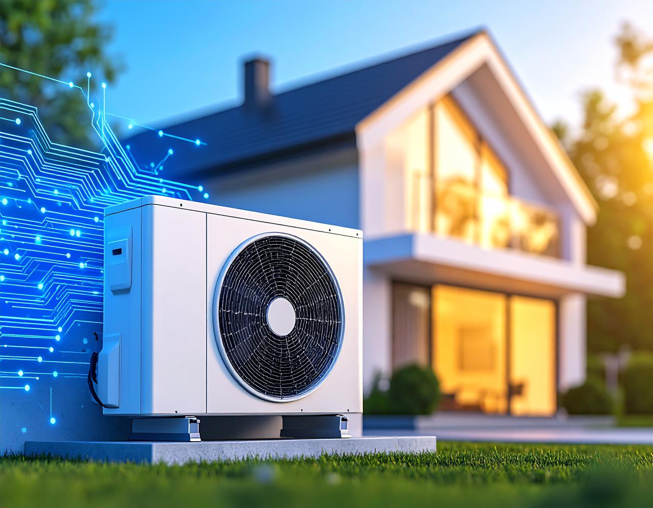 Ein Bild eines modernen Hauses mit einer Wärmepumpe an der Fassade, bereichert durch digitale Muster, die die Integration intelligenter Systeme symbolisieren.