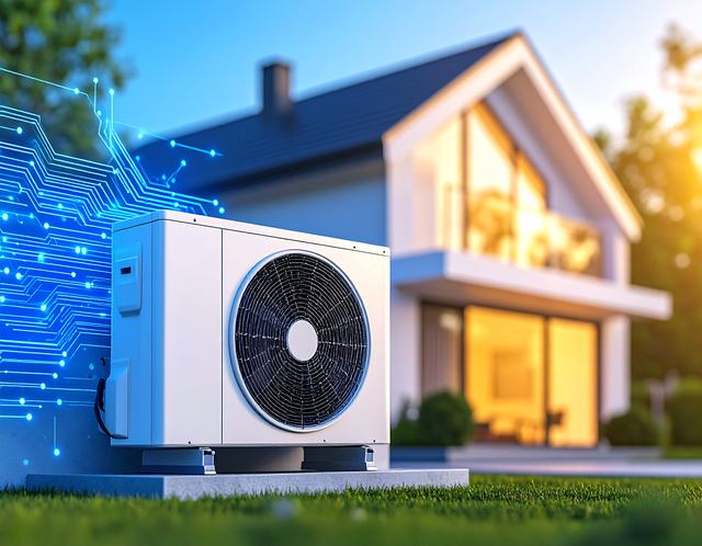 Ein Bild eines modernen Hauses mit einer Wärmepumpe an der Fassade, bereichert durch digitale Muster, die die Integration intelligenter Systeme symbolisieren.
