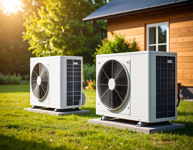 Eine technische und realistische Szene, in der zwei verschiedene Wärmepumpenmodelle nebeneinander dargestellt sind – eines für den Hausgebrauch, das andere für industrielle Anwendungen oder Warmwassersysteme.