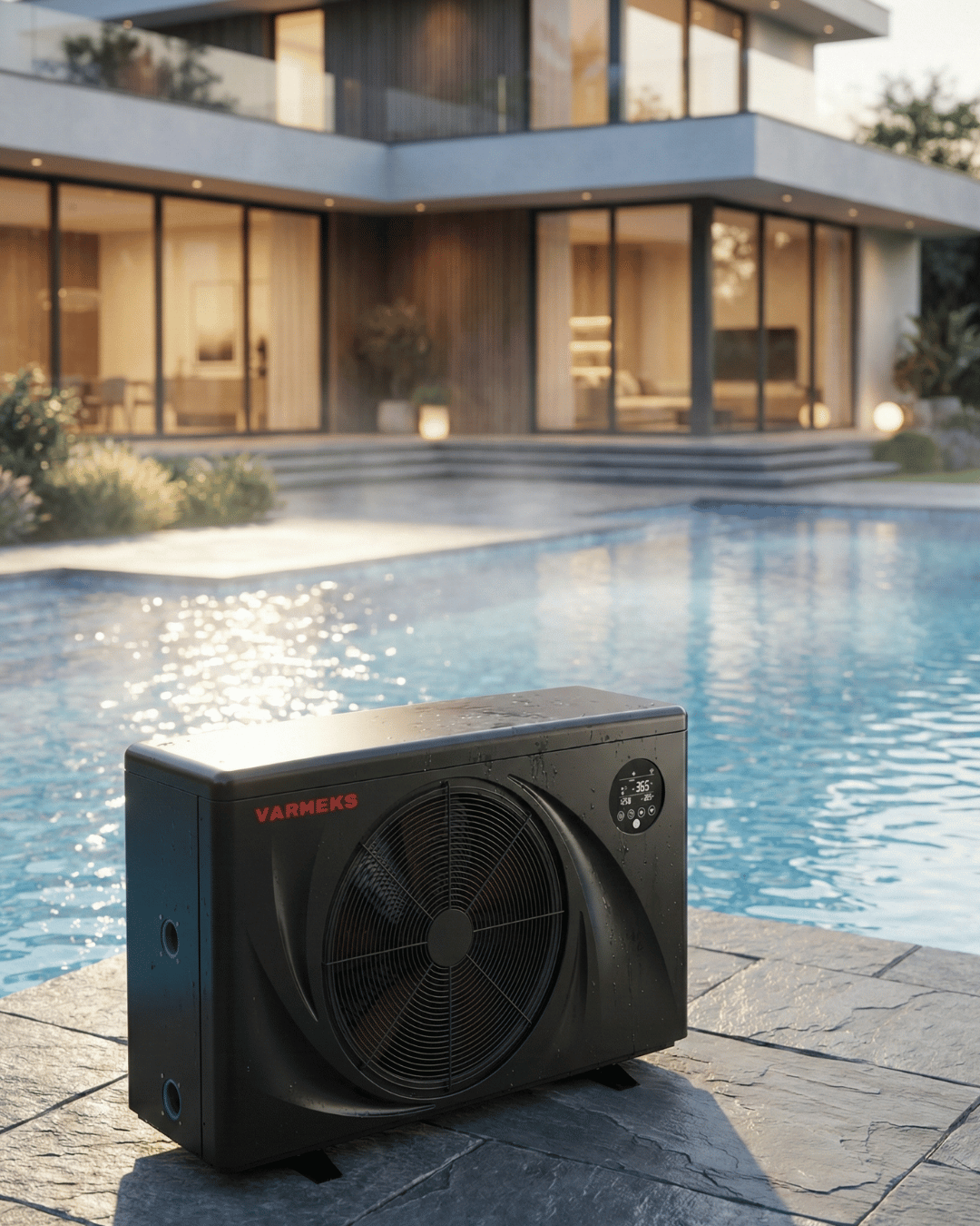 The pool heat pump is positioned in front of the pool.