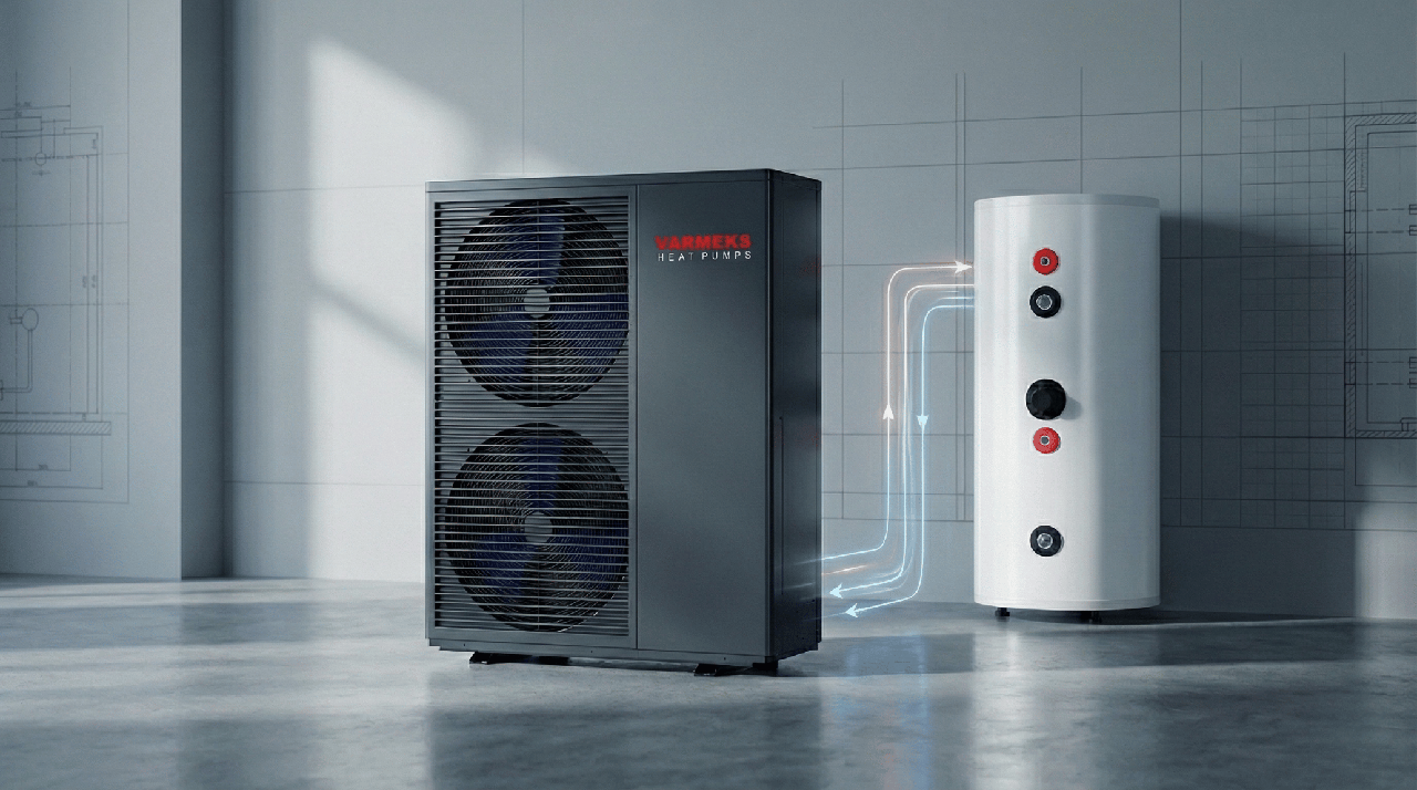Air source heat pump system connected to a buffer tank for efficient heating performance