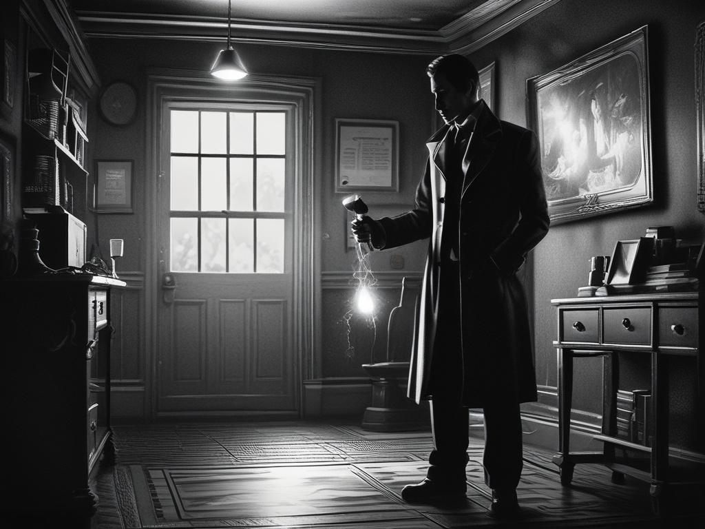 A dramatic scene depicting a paranormal investigator in a dark,