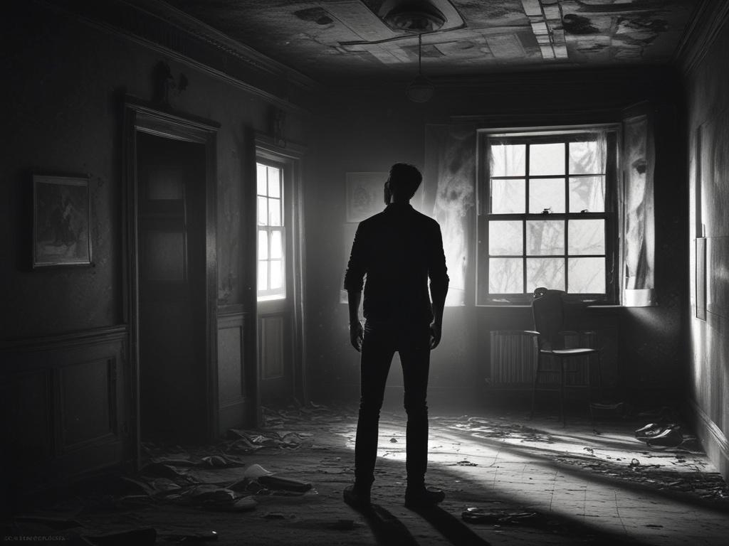 A dimly lit room in an old, abandoned house, filled