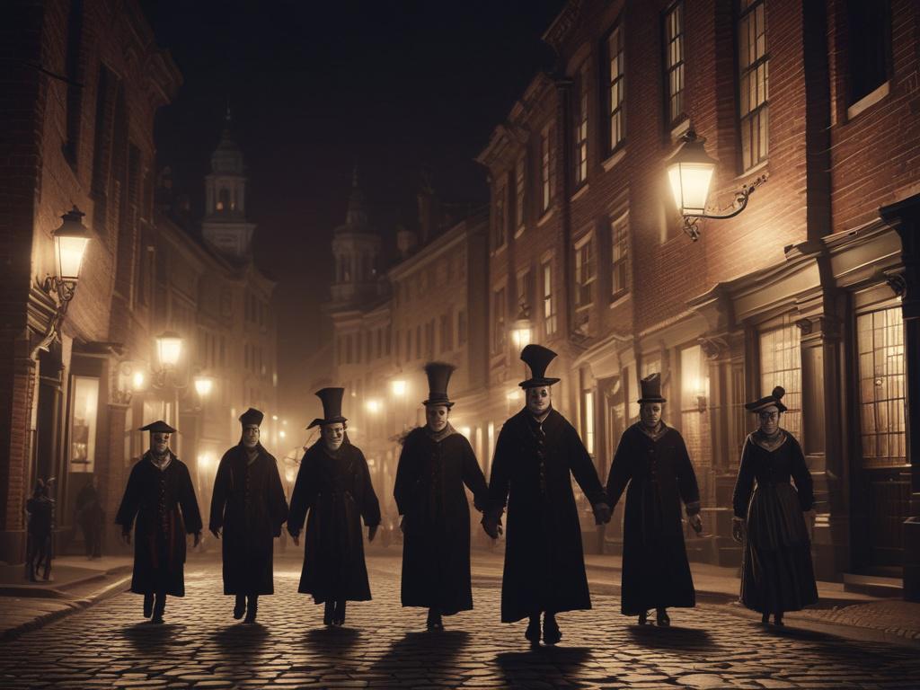 A ghost tour group walking through a cobblestone street at