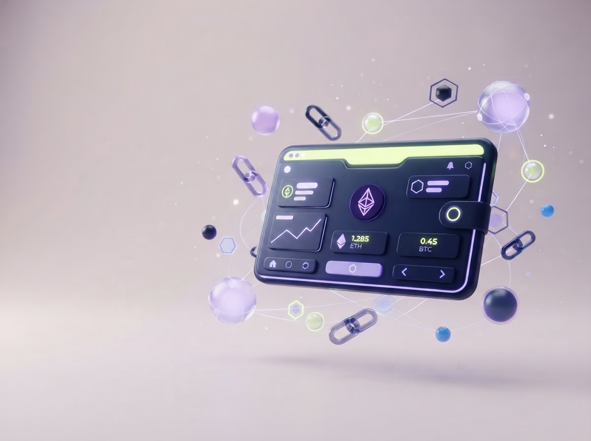 A dark wallet card floating among luminous digital network orbs
