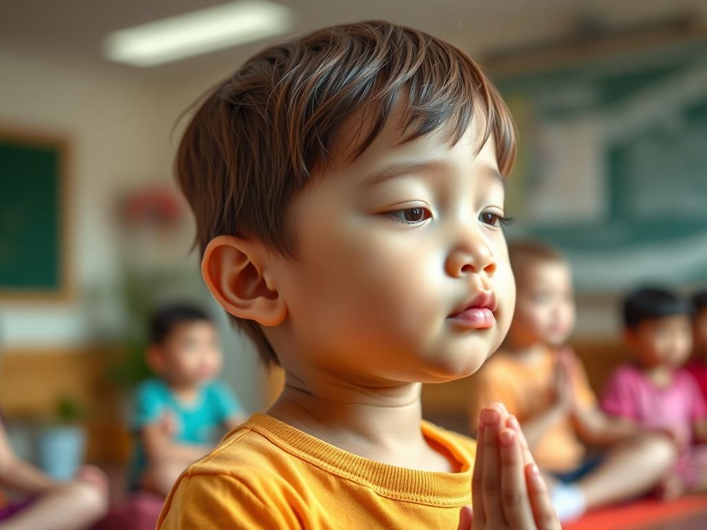 A close-up shot of a child practicing breathing exercises in a tranquil classroom setting, showcasing a focused expression. The background is softly blurred to emphasize the child. The colors are warm and inviting, with a hint of greenery to symbolize growth and clarity.