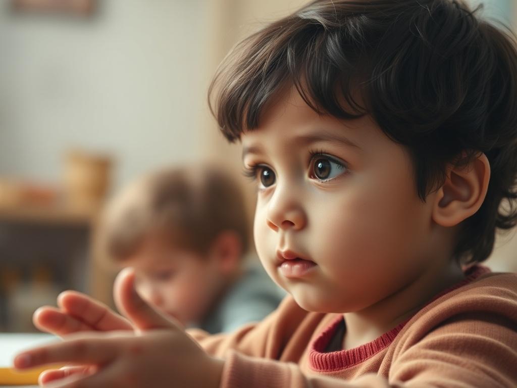 A close-up shot of a child involved in a role-playing activity, with a thoughtful expression. The background is softly blurred to keep the focus on the child, creating a safe and supportive environment. The lighting is warm, emphasizing a nurturing atmosphere.