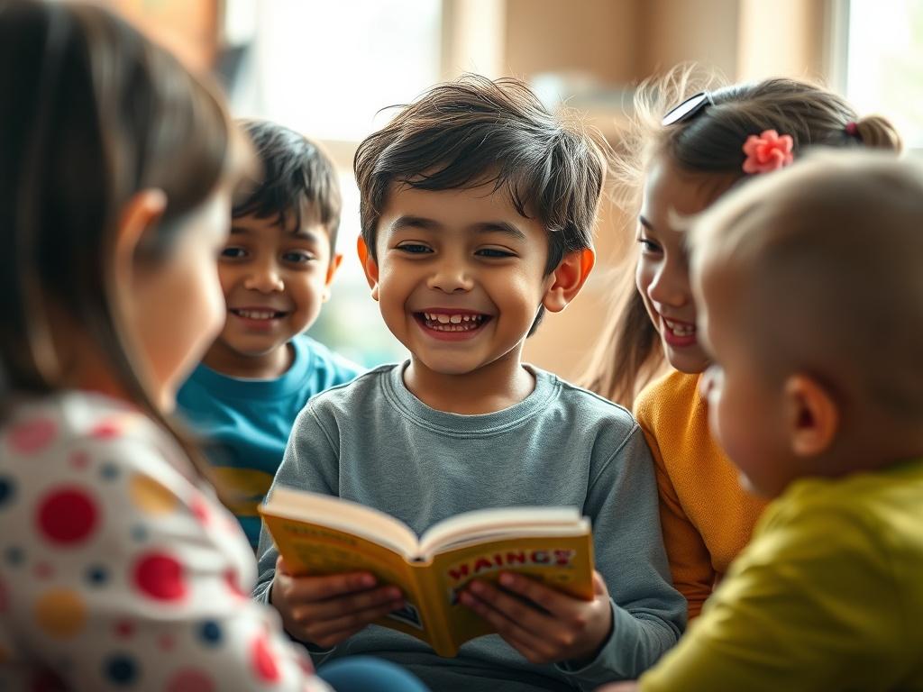 A close-up shot of a child joyfully sharing a story in a group discussion, surrounded by attentive peers. The background is softly blurred to emphasize the connection between the children. The atmosphere is vibrant and encouraging, radiating positivity.