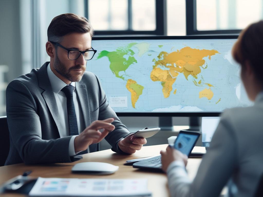 A close-up shot of a professional consultant analyzing logistics data on a digital tablet. The background should feature elements of a modern office, with charts and maps of global trade routes subtly visible. The focus should be on the consultant, highlighting their expertise and attention to detail. The lighting should be bright and inviting, showcasing a sense of clarity and professionalism. The image should be rendered in hyper-realistic style, compatible with the primary color rgb(2, 86, 197).