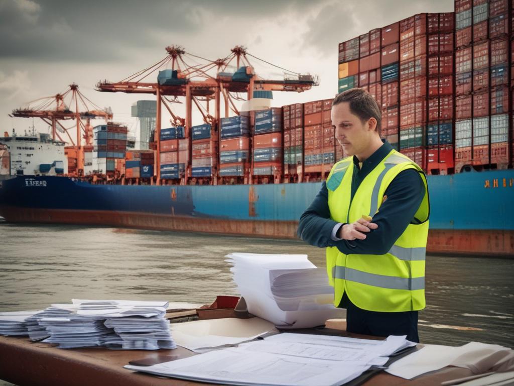 A customs officer reviewing shipping documents at a busy port,