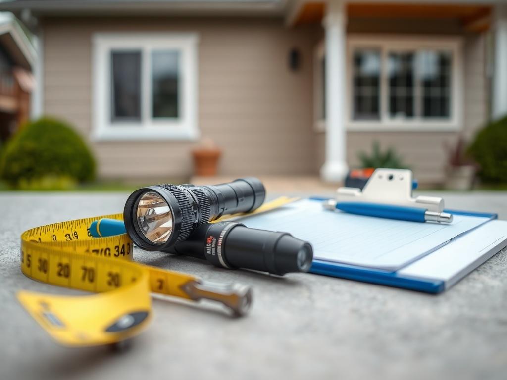 A realistic high-resolution photo of a home inspection scene, featuring a close-up shot of a home inspector's tools laid out neatly on a surface. The background should be a blurred view of an exterior wall of a house, focusing on the tools such as a flashlight, clipboard, and measuring tape. The overall composition should be simple and clear, highlighting the tools without any people in the frame. The color scheme should complement the primary color rgb(50, 170, 39).