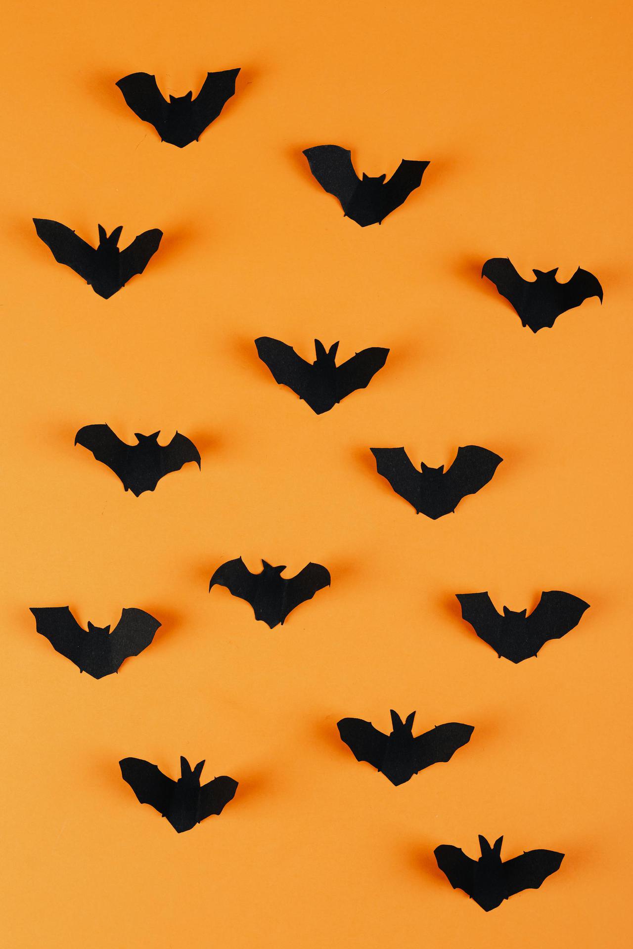 Black bat silhouettes on an orange background, perfect for Halloween themes.