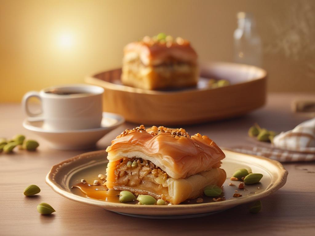 A beautifully arranged plate of baklava, showcasing its golden layers,