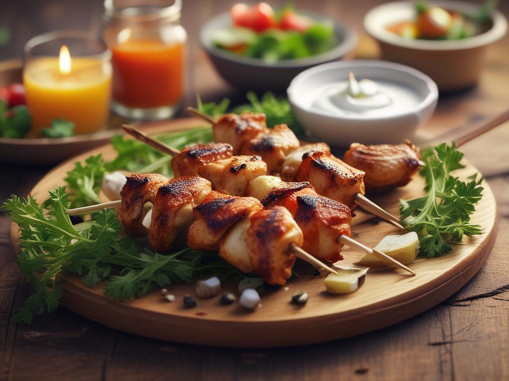 A close up of chicken kebab skewers on a wooden