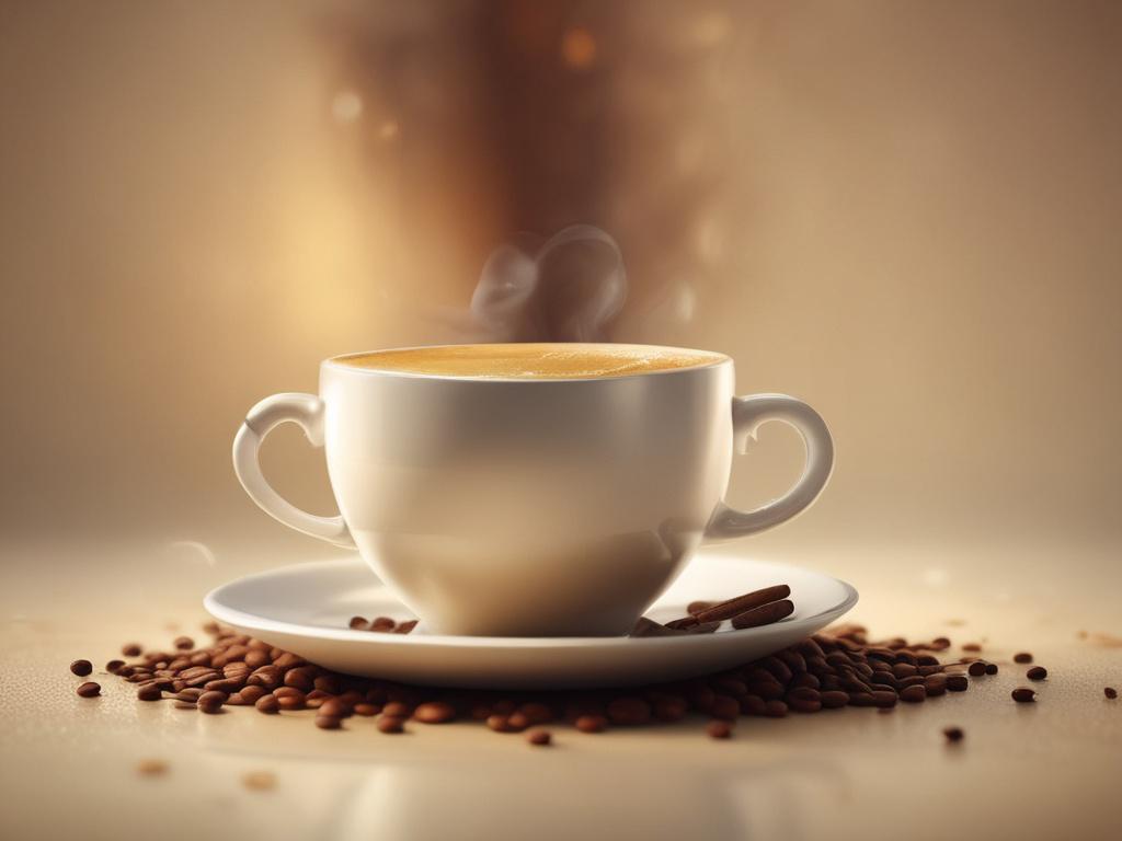 A realistic high-resolution photo of a beautifully presented cup of coffee, either steaming hot or chilled over ice. The coffee should be the main focus, showcasing its rich color and texture. The background should have a cozy, serene atmosphere with soft golden hues and gentle lighting, creating a warm and inviting scene. The setting should reflect a tranquil coffee shop ambiance, enhancing the overall appeal of the beverage.