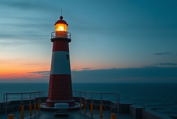 Lighthouse beacon at coastal dusk, maritime theme
