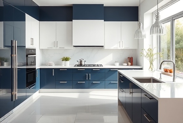 Luxury kitchen with navy and white color scheme and modern fixtures