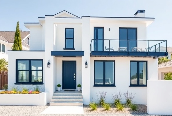 Modern coastal home with navy accents and architectural details
