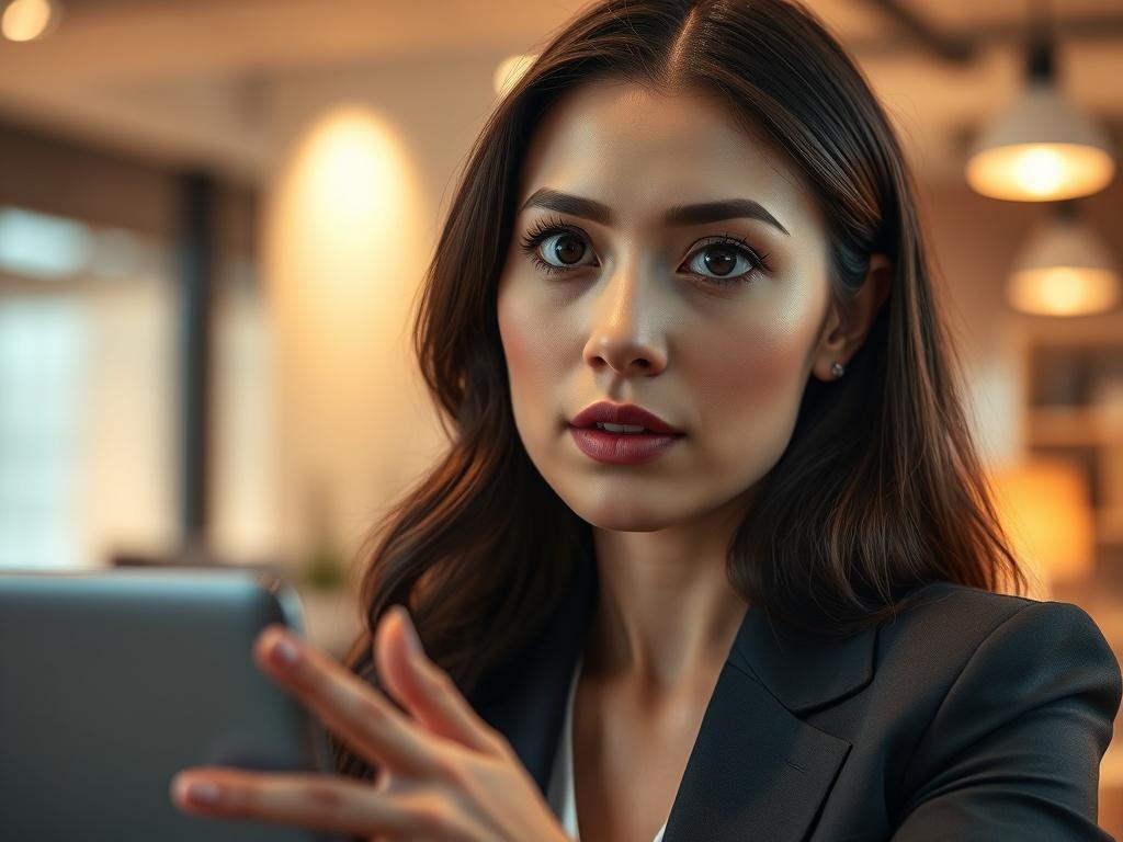 A close-up shot of a professional woman in a business suit engaged in a video call, looking attentive and focused. The background is a modern office setting with warm lighting. The image should have a hyper-realistic style, showcasing the subject's expression of interest and professionalism.