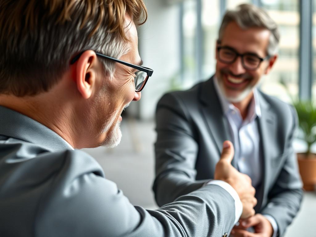 A close-up shot of a professional man in a business attire shaking hands with a smiling mentor in a bright office environment. The focus is on their expressions of mutual respect and enthusiasm. The background should be slightly blurred, highlighting the interaction.