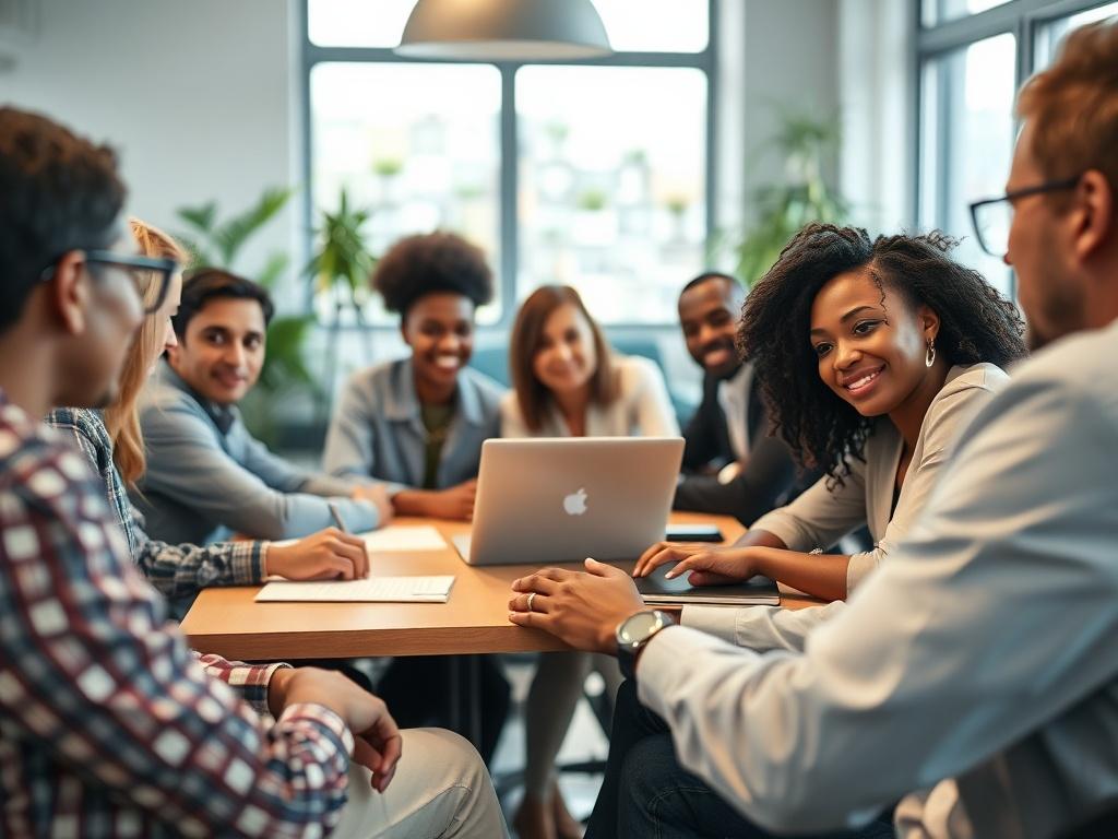 A close-up shot of a diverse group of professionals sitting around a table engaged in a mentoring session, with one person presenting on a laptop. The environment should be bright and collaborative, showcasing the energy of teamwork and learning.