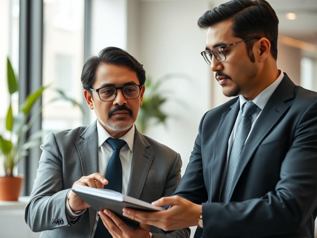 A close-up photo of a professional mentor and a mid-level manager engaged in a serious discussion at a modern office setting. The mentor, a middle-aged South Asian man wearing glasses and formal attire, is pointing to a notebook while the manager, a young South Asian woman in business casuals, is taking notes. The background is softly blurred, showing a contemporary office environment with natural light and green plants.