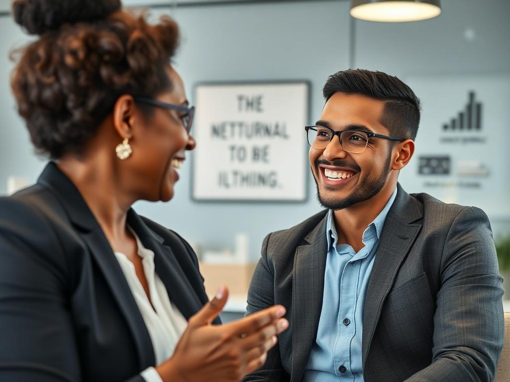 A professional setting featuring a close-up of an executive coach and a mid-level manager in a coaching session. The coach, a middle-aged African American woman, is providing feedback on a presentation that the manager, a young Hispanic man, has just delivered. Both are smiling, indicating a positive and constructive atmosphere. The background depicts a sleek office with motivational quotes and modern decor.
